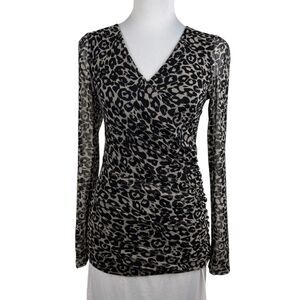 INC International Concepts Women M Top Ruched Mesh Animal Print Faux Wrap Neck